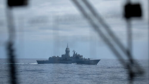 HMAS Stuart conducts replenishment at sea approaches with HMAS Warramunga off the coast of Western Australia.