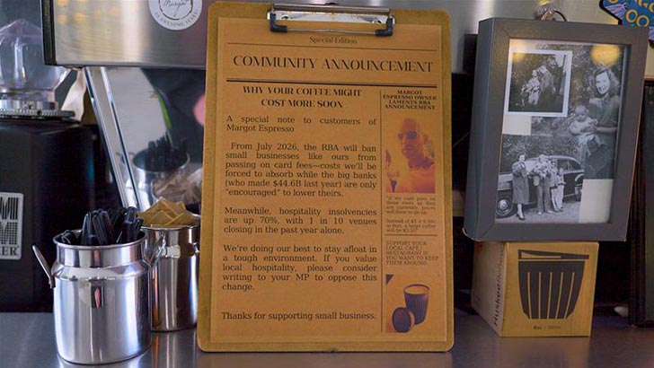 Margot Espresso community announcement about surcharges