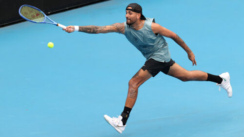 Nick Kyrgios plays a forehand during a practice session ahead of the 2026 Australian Open at Melbourne Park in-Melbourne. Photo: Kelly Defina, Getty Images.