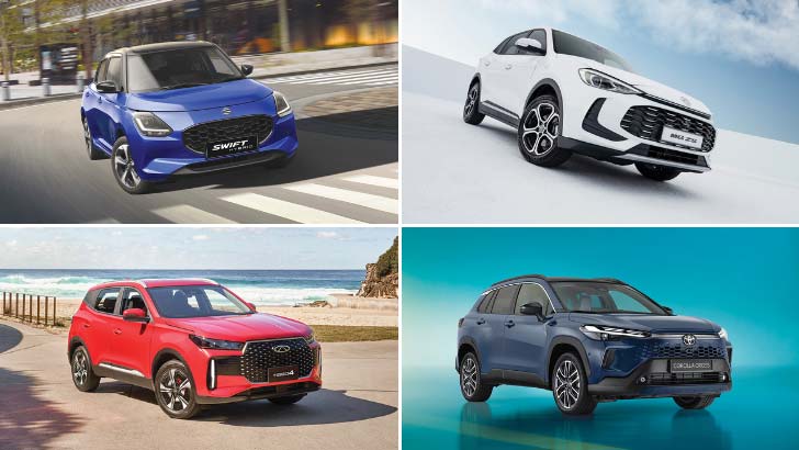 small cars Clockwise from top left Swift Hybrid. MG ZS. Toyota Corolla Cross. Chery Tiggo.