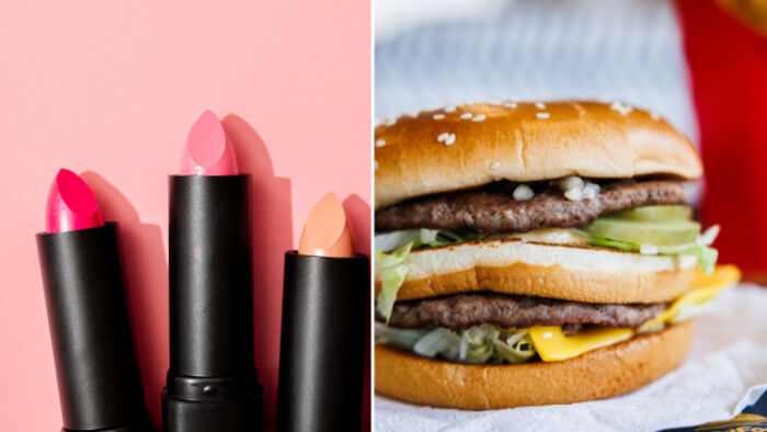 Side-by-side image of a Big Mac burger and a lipstick, illustrating alternative economic indicators and cost-of-living trends.