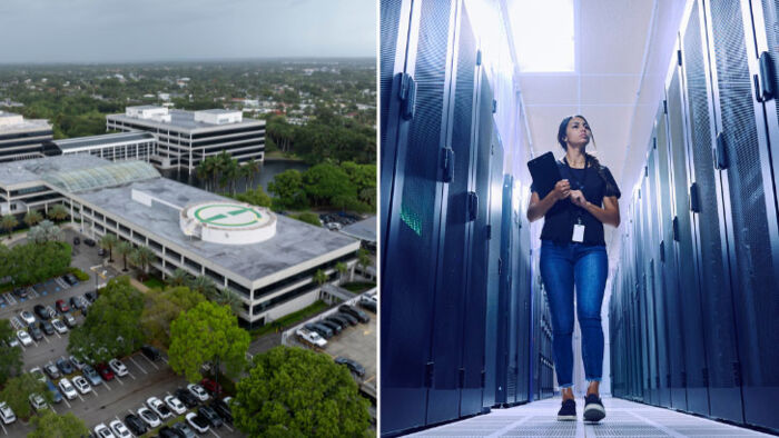 Engineer walking through US data centre showing surge in electricity demand from AI