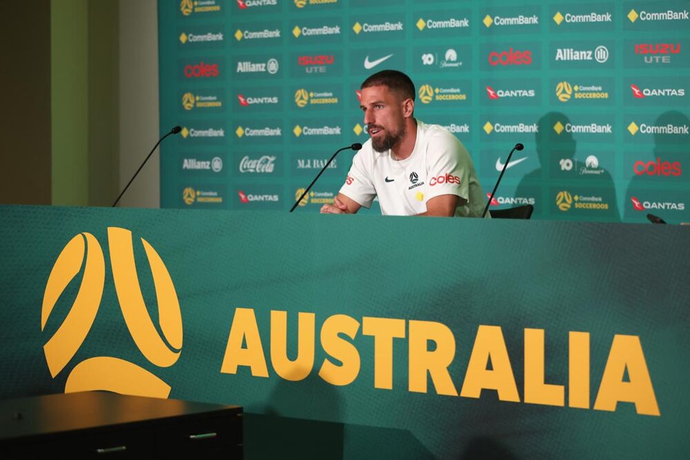 Milos Degenek speaks to media after Australia training ahead of the 2026 FIFA World Cup in California