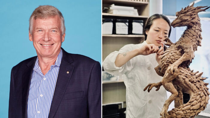 Paul Clitheroe (left) and Qi, sculpting a dragon out of 40kg of Weiss dark and milk chocolate in Burgundy, France.