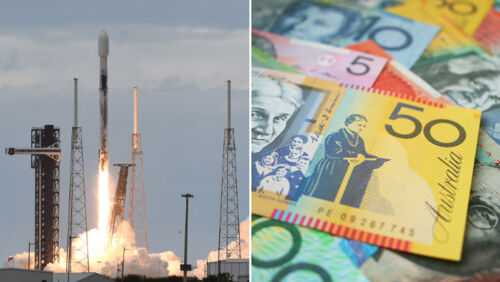 SpaceX-style rocket launch and cash showing growth in the space economy.