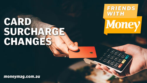 Graphic previewing the Friends With Money podcast episode on credit card surcharge changes