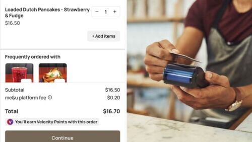a screenshot of the me&u ordering page showing a new platform fee, next to a credit card being tapped on a payment machine
