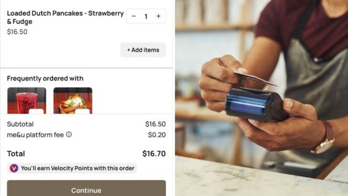 a screenshot of the me&u ordering page showing a new platform fee, next to a credit card being tapped on a payment machine