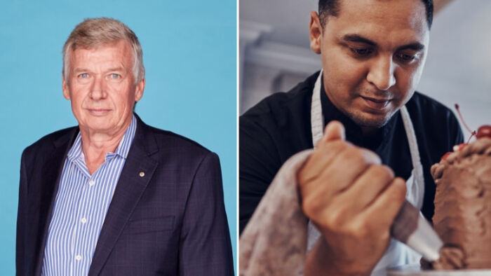 paul clitheroe (left) side by side with a stock photo of a pastry chef