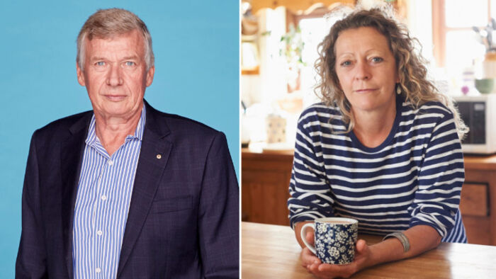 a side by side image of paul clitheroe and a stock photo of a woman holding a mug