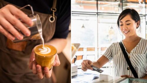 a barista pours a coffee (left) as a woman taps her card to pay