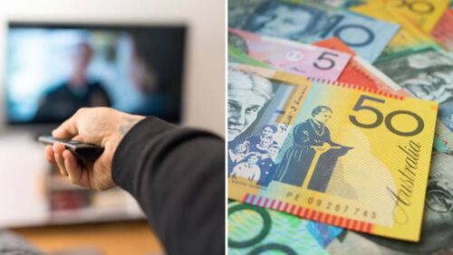 a side by side image showing a television remote next to a pile of cash