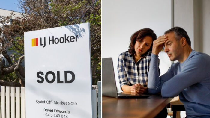 a side by side image of a for sale sign on a property and a couple reviewing their finances on a laptop