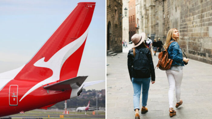 Qantas tail fin beside two Australian women travelling overseas, illustrating frequent flyer points and travel rewards.