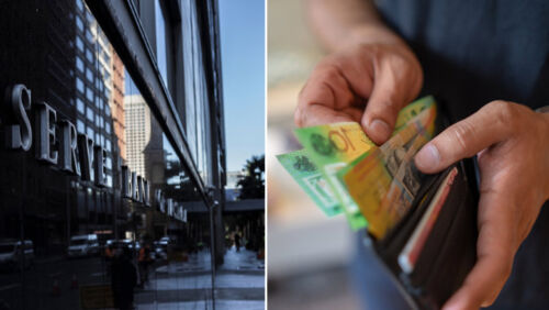 Australian banknotes in a wallet beside an RBA building sign, illustrating the impact of interest rate changes on household finances.