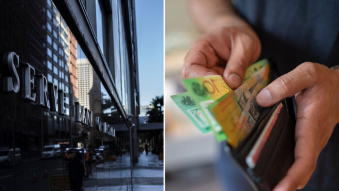 Australian banknotes in a wallet beside an RBA building sign, illustrating the impact of interest rate changes on household finances.