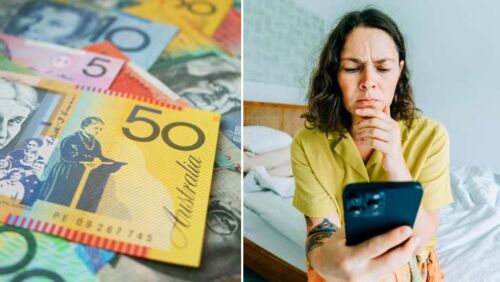 side by side image of cash and a woman looking concerned at her phone